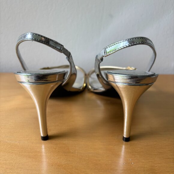 Schutz Cassie Mid Stiletto Heel Sling Back Sandal Silver & Gold Metallic - Picture 4 of 6